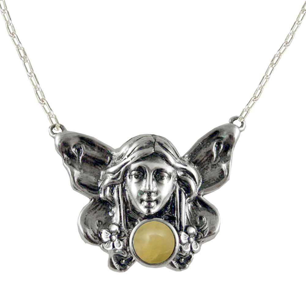 Sterling Silver Winged Fairy Aromatherapy Pendant Necklace With Yellow Aragonite